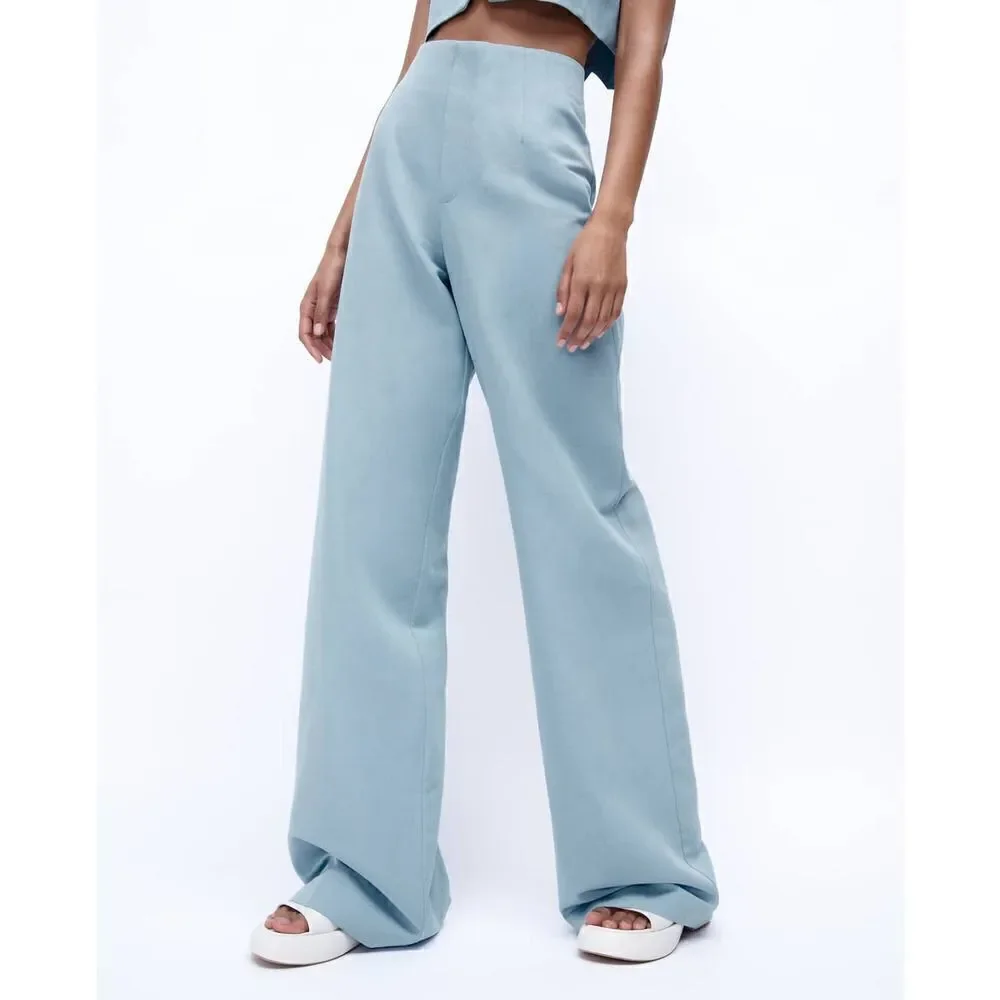 FULL LENGTH LINEN BLEND PANTS MID-BLUE NEW